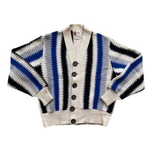 Vintage 50s Cardigan Wool Small Black Blue Stripe Chunky Knit Bakelite Towncraft